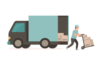 Courier with cardboard box. Vector delivery truck © elena_garder