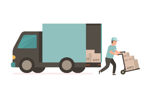 Courier with cardboard box. Vector delivery truck