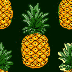 Pineapple seamless pattern, hand drawn texture. Textile print for apparel. Realistic handmade line ananas. Handdrawn vector illustration isolated on dark background.