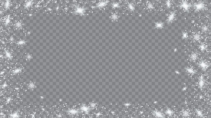 Glitter snowflakes background. Holiday picture of the Christmas banner. Bbright, White, Shimmer, Glowing, Scatter, Falling on a Transparent background.