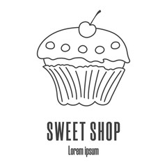 Line style icon of a cupcake. Sweet shop, bakery, pastry logo. Clean and modern vector illustration.