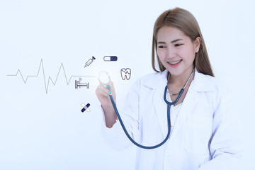 Portrait of young Female doctor with stethoscope on white background,Asian woman,Thailand people