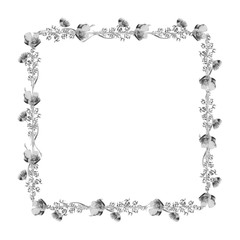 Watercolor square frame. Hand drawn floral card design. Black and white pattern of wild flowers.