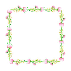 Watercolor square frame. Hand drawn floral card design. Pattern of wild flowers.