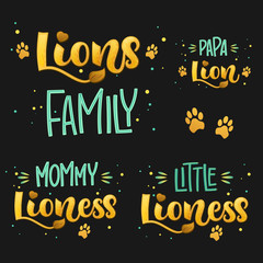 Lions Family set color hand draw calligraphy script lettering text whith dots, splashes and whiskers decore.