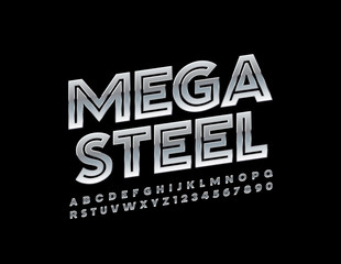 Vector Mega Steel Alphabet Letters and Numbers. Glossy metallic Font. 
