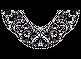 Neckline  design. Black and white floral  lace pattern. Vector print with   decorative elements for embroidery, for women's clothing.