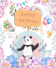 Happy Birthday card design with cute panda bear and boho flowers and floral bouquets illustration. Watercolor clip art for greeting, invite celebration card. Funny asian bear. Zoo card