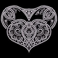 Neckline  design- heart. Black and white floral  lace pattern. Vector ornamental print  for embroidery, for women's clothing.