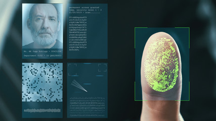 Futuristic digital processing of fingerprints as man holds his hand against a modern fingerprint...