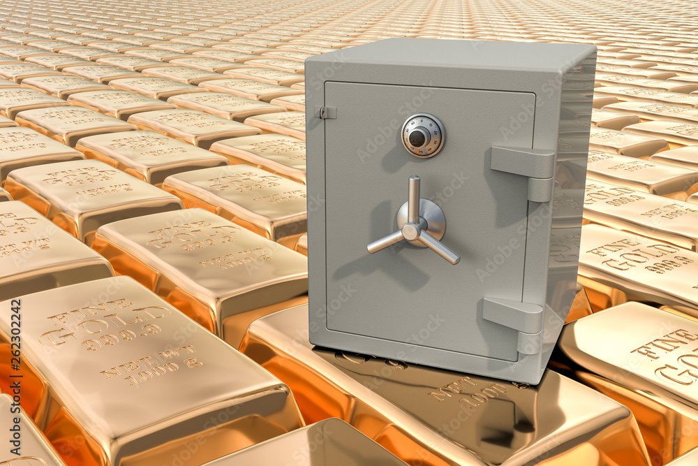Poster combination safe box on the golden ingots backdrop, 3d rendering