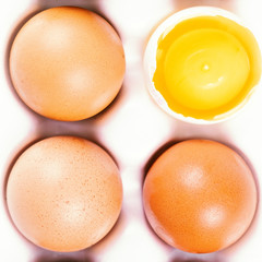 Fresh eggs in white box, closeup,