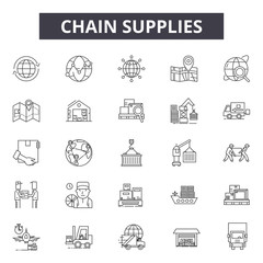 Chain supplies line icons, signs set, vector. Chain supplies outline concept illustration: business,supply,chain,transportation,industry,delivery,truck,warehouse,concept