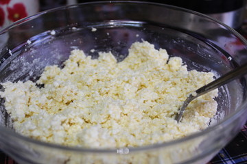 cottage cheese mixture for making pies in a glass dish
