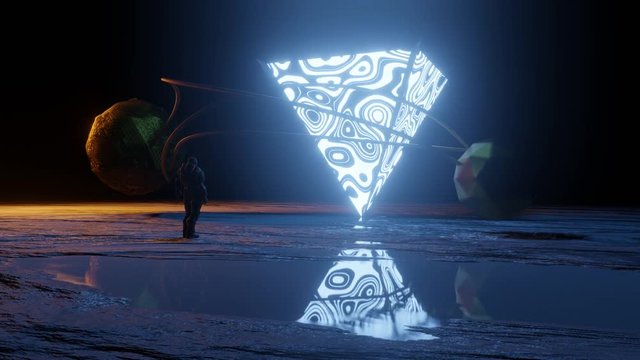 3D Rendering: Sciencef-Fction-Szene mit leuchtender Pyramide und Kugelsph&auml;ren