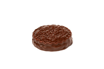 Chocolate cookies with boiled condensed milk isolated on white background. Chocolate pie.
