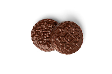 Chocolate cookies with boiled condensed milk isolated on white background. Chocolate pie.