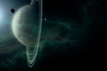 science fiction space scene, planet with rings  and moons in bright star light astronomy background digital illustration (no NASA images used) © andreiuc88