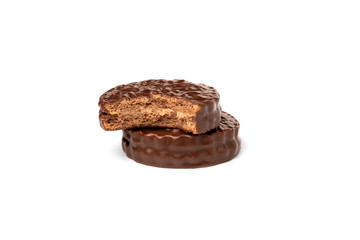 Chocolate cookies with boiled condensed milk isolated on white background. Chocolate pie.