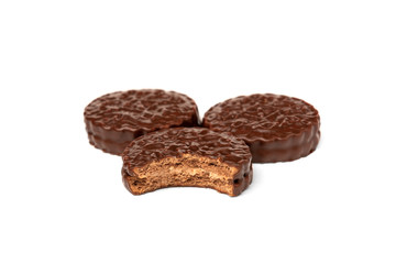 Chocolate cookies with boiled condensed milk isolated on white background. Chocolate pie.