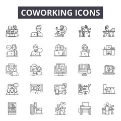 Coworking line icons, signs set, vector. Coworking outline concept illustration: team,group,communication,business,office,teamwork,idea,corporate