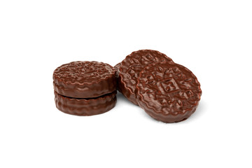 Chocolate cookies with boiled condensed milk isolated on white background. Chocolate pie.