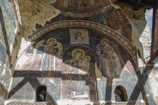 Frescoes. Decorated exonarthex of St. Mary's Church. It was built between 1694-1699, and decorated in 1712. Cultural Monument of Albania, Korce County, Moscopole (Voskopoje)