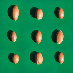 Argan nuts laid out on green background. Natural lighting in direct sunlight.
