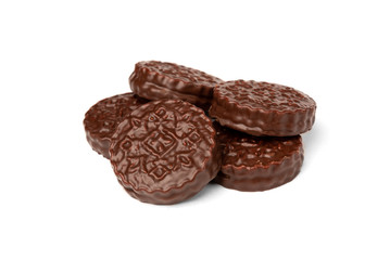 Chocolate cookies with boiled condensed milk isolated on white background. Chocolate pie.