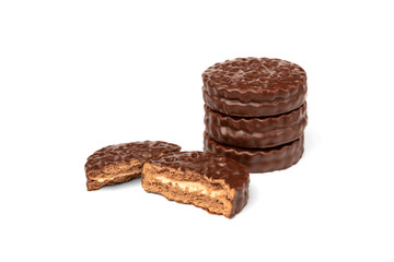 Chocolate cookies with boiled condensed milk isolated on white background. Chocolate pie.