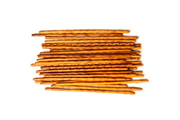 Cracker pretzel sticks isolated on white background.