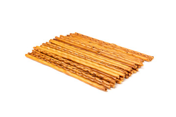 Cracker pretzel sticks isolated on white background.