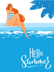 Summer poster with young woman in a swimming pool