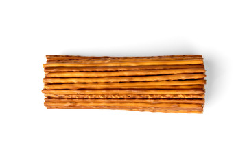 Cracker pretzel sticks isolated on white background.