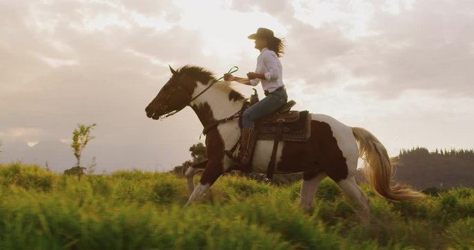 Amazing slow motion horseback riding at sunset, cowgirl riding fast through green fields
