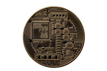 Back side of golden bitcoin coin isolated on white background