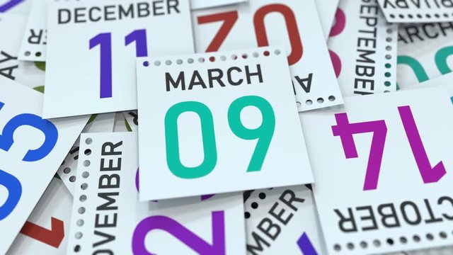 March 9 date on emphasized calendar page, 3D animation