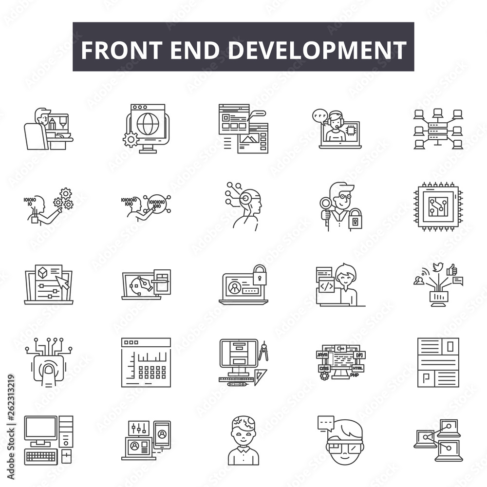 Poster front end development line icons, signs set, vector. front end development outline concept illustrat