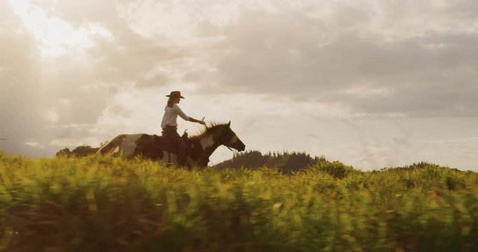 Amazing slow motion horseback riding at sunset, cowgirl riding fast through green fields, horse galloping