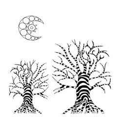 two skechted trees vector art with a crescent