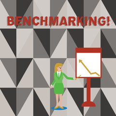 Conceptual hand writing showing Benchmarking. Concept meaning evaluate something by comparison with standard or scores Woman Holding Stick Pointing to Chart of Arrow on Whiteboard