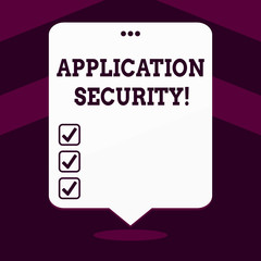 Writing note showing Application Security. Business concept for methods to protect applications from external threats White Speech Balloon Floating with Three Punched Hole on Top