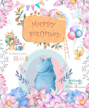 Cute happy birthday card with hippo. watercolor hippo and beauty pink flowers, floral and leaves for greeting, invite, celebration card Funny zoo, beauty illustration. For little baby and child