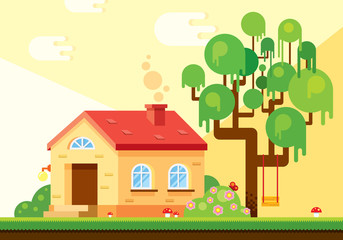 Exterior background location in warm summer tones, which includes a house, a tree, flowering bushes, a lawn with red mushrooms and clouds. Vector illustration in flat style for game.