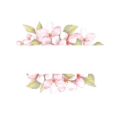 Spring floral border. Sakura flowers frame isolated on white