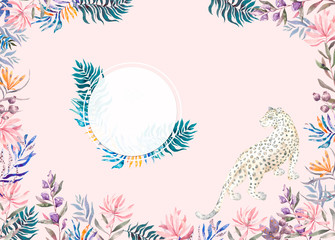 Watercolor exotic circle frame with tropical leaves, flowers and leopard for wedding, invite, birthday card, banner. Isolated illustrarion summer colors on blue background. Retrospective