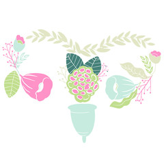 women's menstrual cup with flowers in handdrawn style. Lettering -I love myl cup