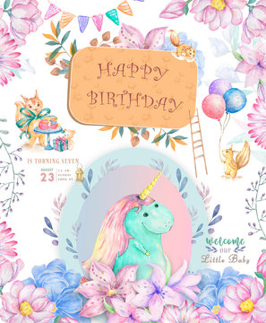 Cute happy birthday card with cartoon Unicorn. Watercolor fairy clip art and beauty boho pink flowers, floral. lamp light and leaves for celebration, greeting zoo card kid and baby on white background