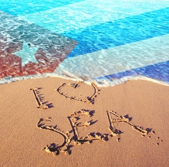 Beach sand, sea and flag Cuba. I love Cuba concept