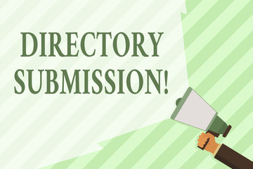 Word writing text Directory Submission. Business photo showcasing main source to increase backlinks for your website Hand Holding Megaphone with Blank Wide Beam for Extending the Volume Range